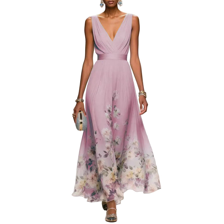 Women’s Sleeveless Floral V Neck Chiffon Maxi Dress