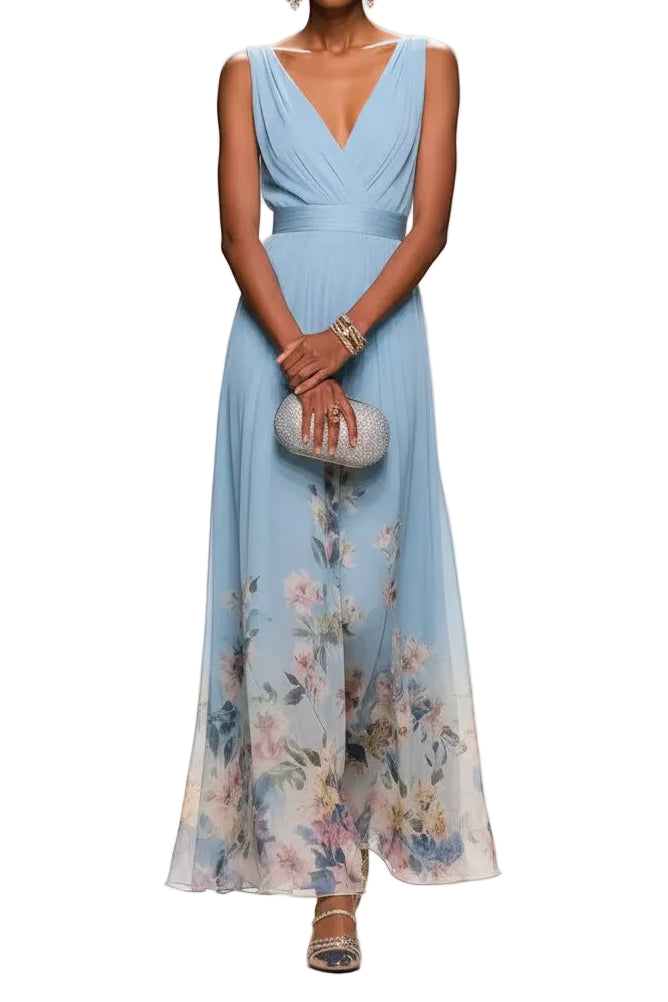 Women’s Sleeveless Floral V Neck Chiffon Maxi Dress