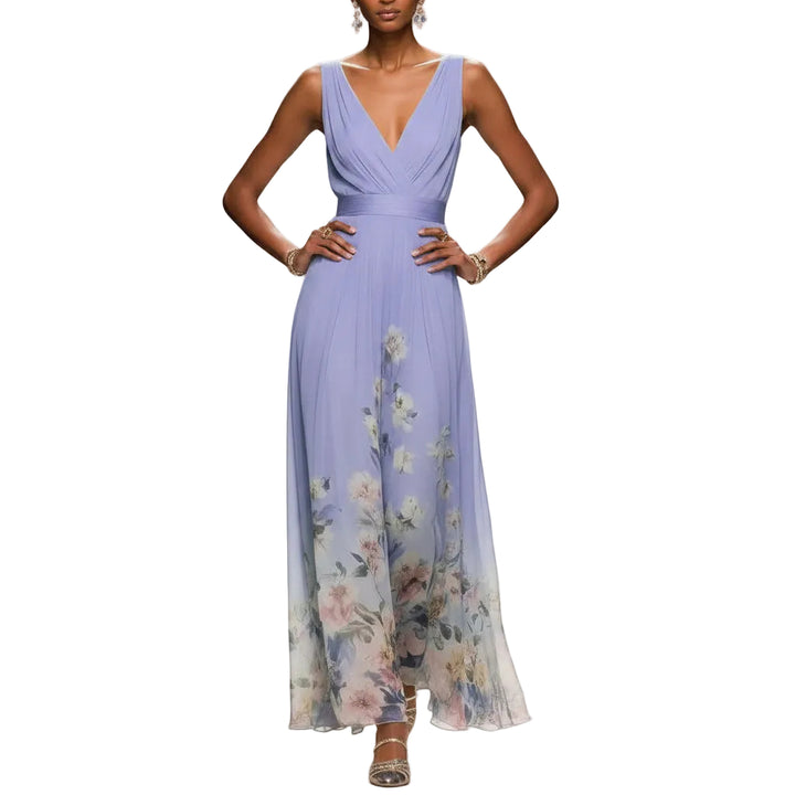 Women’s Sleeveless Floral V Neck Chiffon Maxi Dress