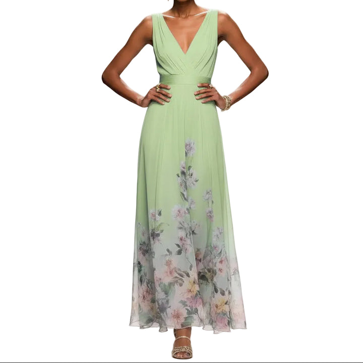 Women’s Sleeveless Floral V Neck Chiffon Maxi Dress