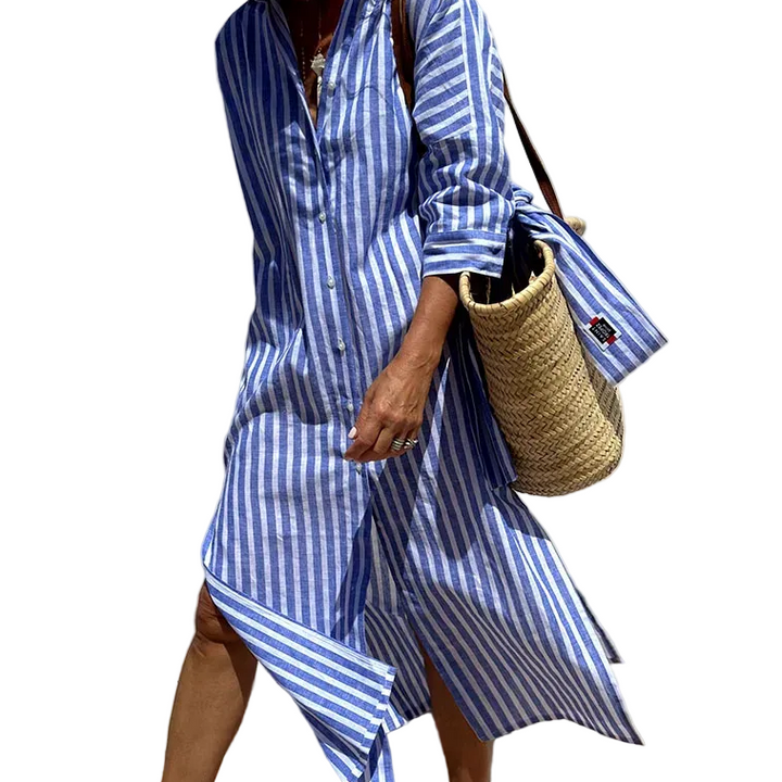 Women’s Striped Button Front Long Sleeve Midi Dress with Slit