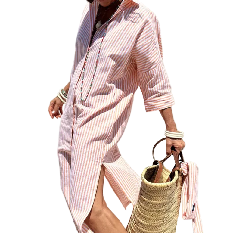 Women’s Striped Button Front Long Sleeve Midi Dress with Slit
