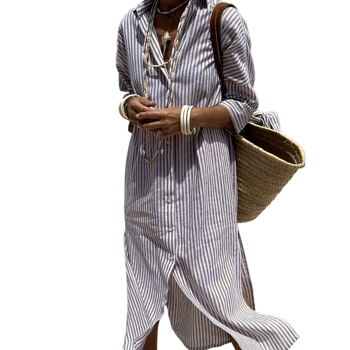 Women’s Striped Button Front Long Sleeve Midi Dress with Slit