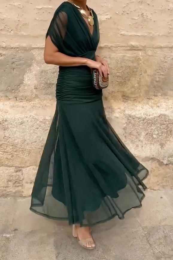 Women’s V Neck Short Sleeve Mesh Maxi Dress