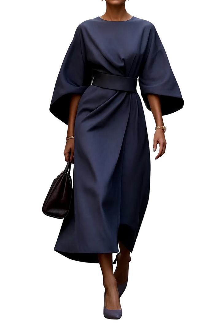 Women’s Wrap Midi Dress with Wide Sleeves and Waist Belt
