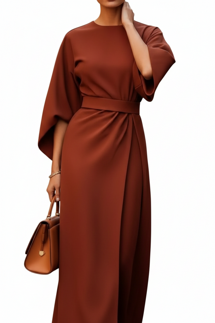 Women’s Wrap Midi Dress with Wide Sleeves and Waist Belt