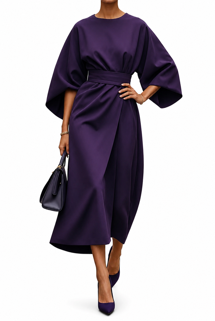 Women’s Wrap Midi Dress with Wide Sleeves and Waist Belt