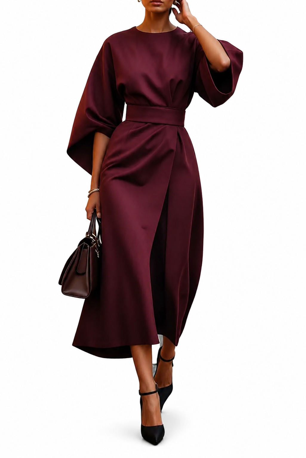 Women’s Wrap Midi Dress with Wide Sleeves and Waist Belt