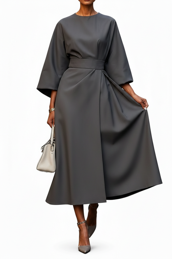 Women’s Wrap Midi Dress with Wide Sleeves and Waist Belt