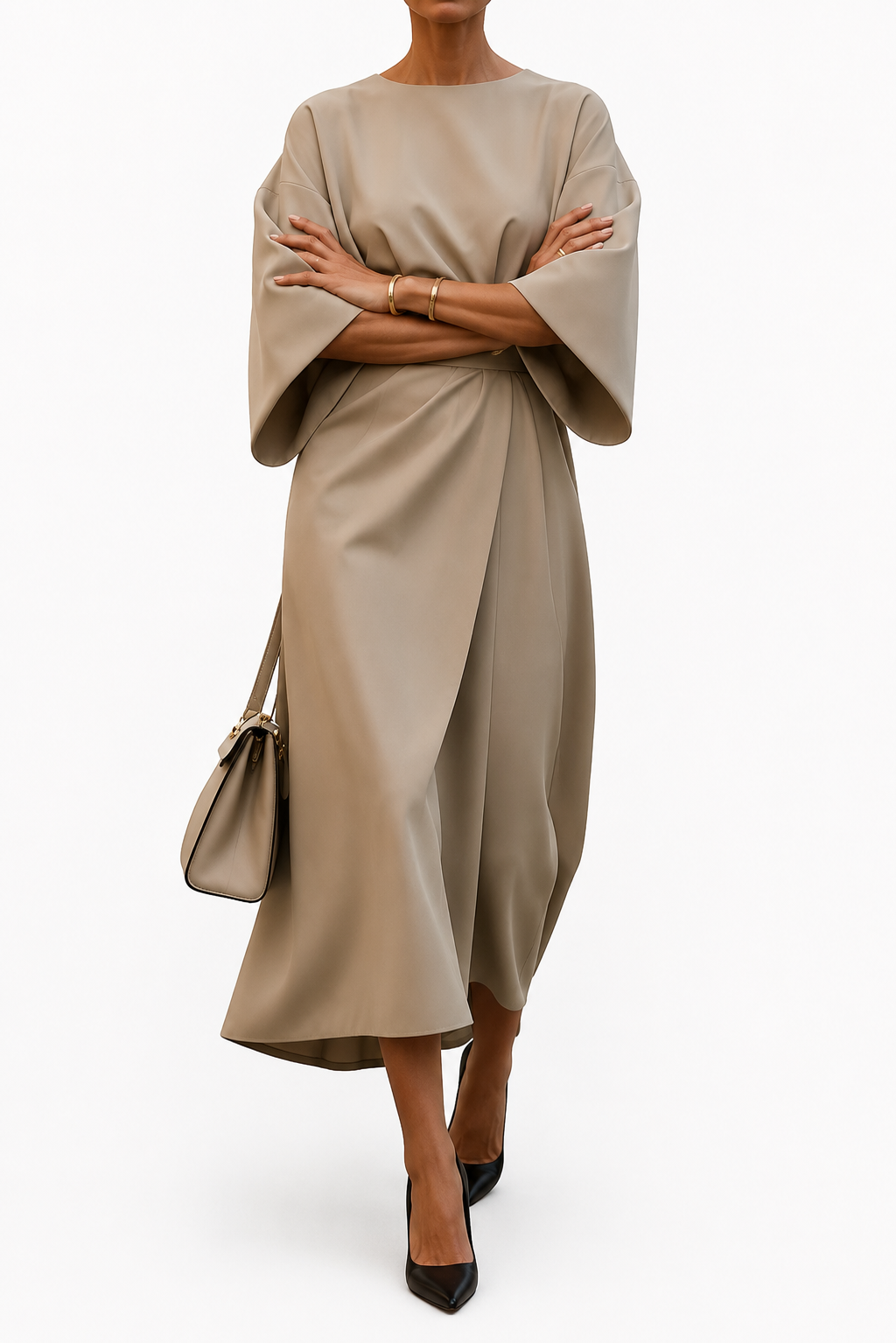 Women’s Wrap Midi Dress with Wide Sleeves and Waist Belt