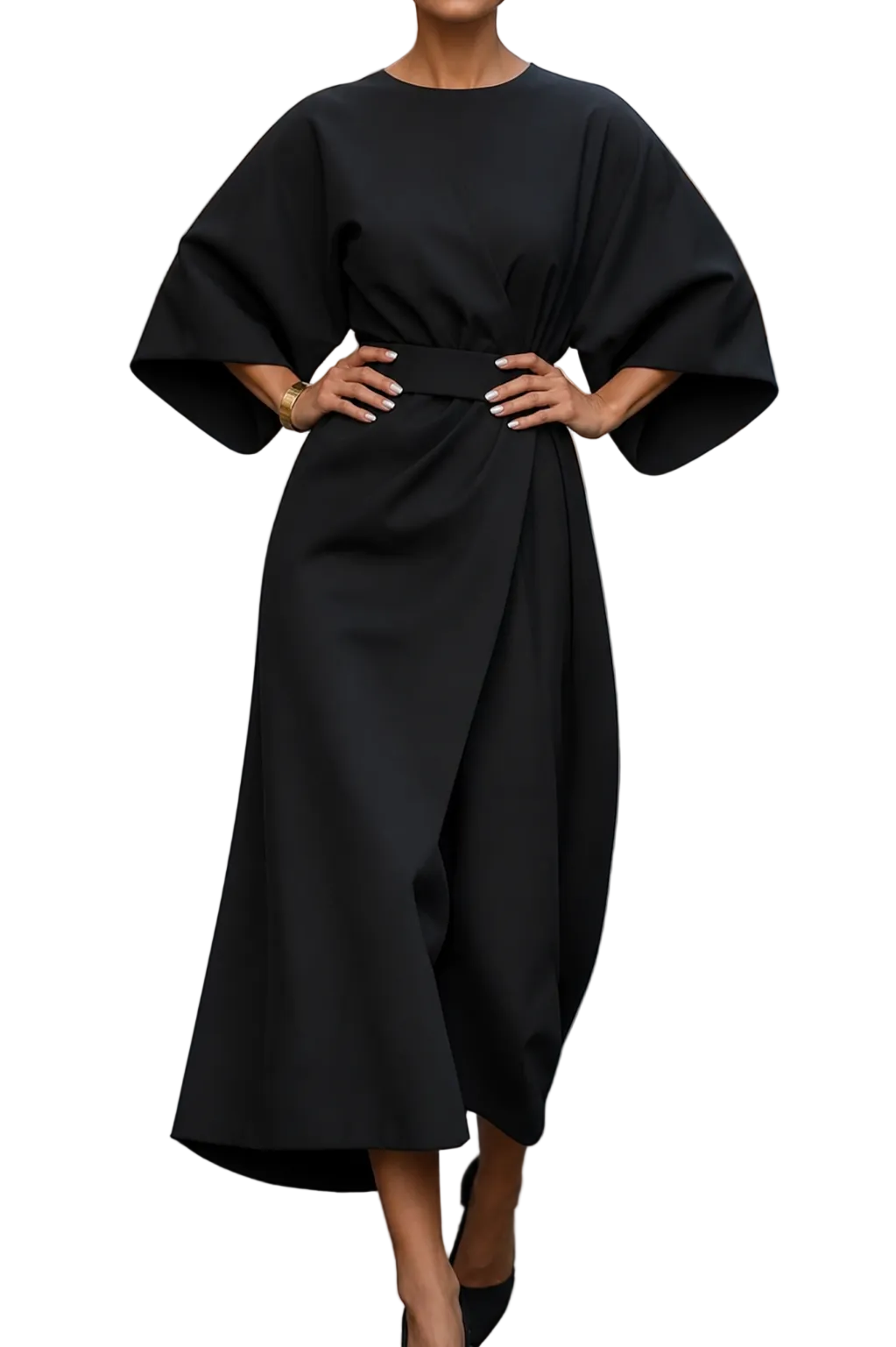 Women’s Wrap Midi Dress with Wide Sleeves and Waist Belt