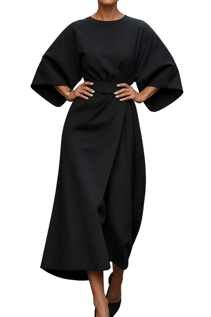 Women’s Wrap Midi Dress with Wide Sleeves and Waist Belt