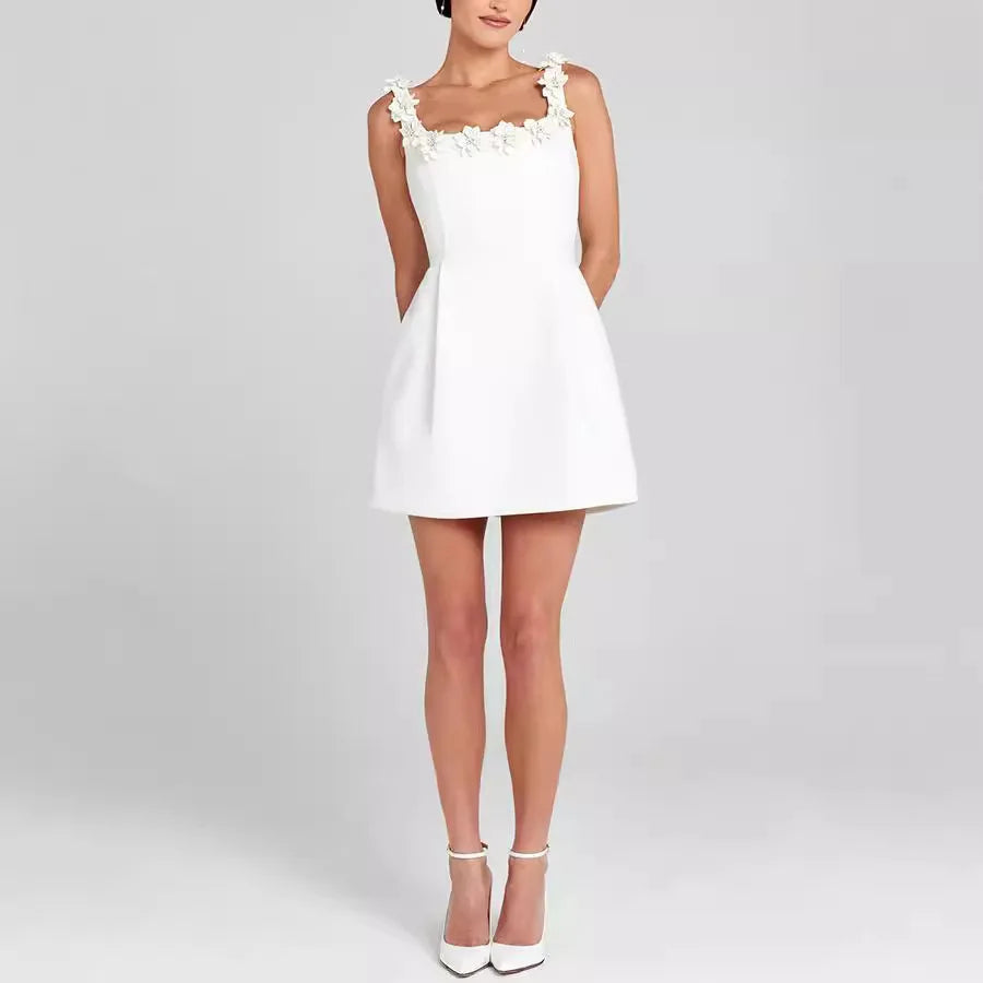 Women’s Square Neck Mini Dress with Floral Strap Detail