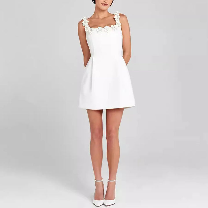 Women’s Square Neck Mini Dress with Floral Strap Detail