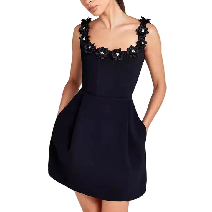 Women’s Square Neck Mini Dress with Floral Strap Detail